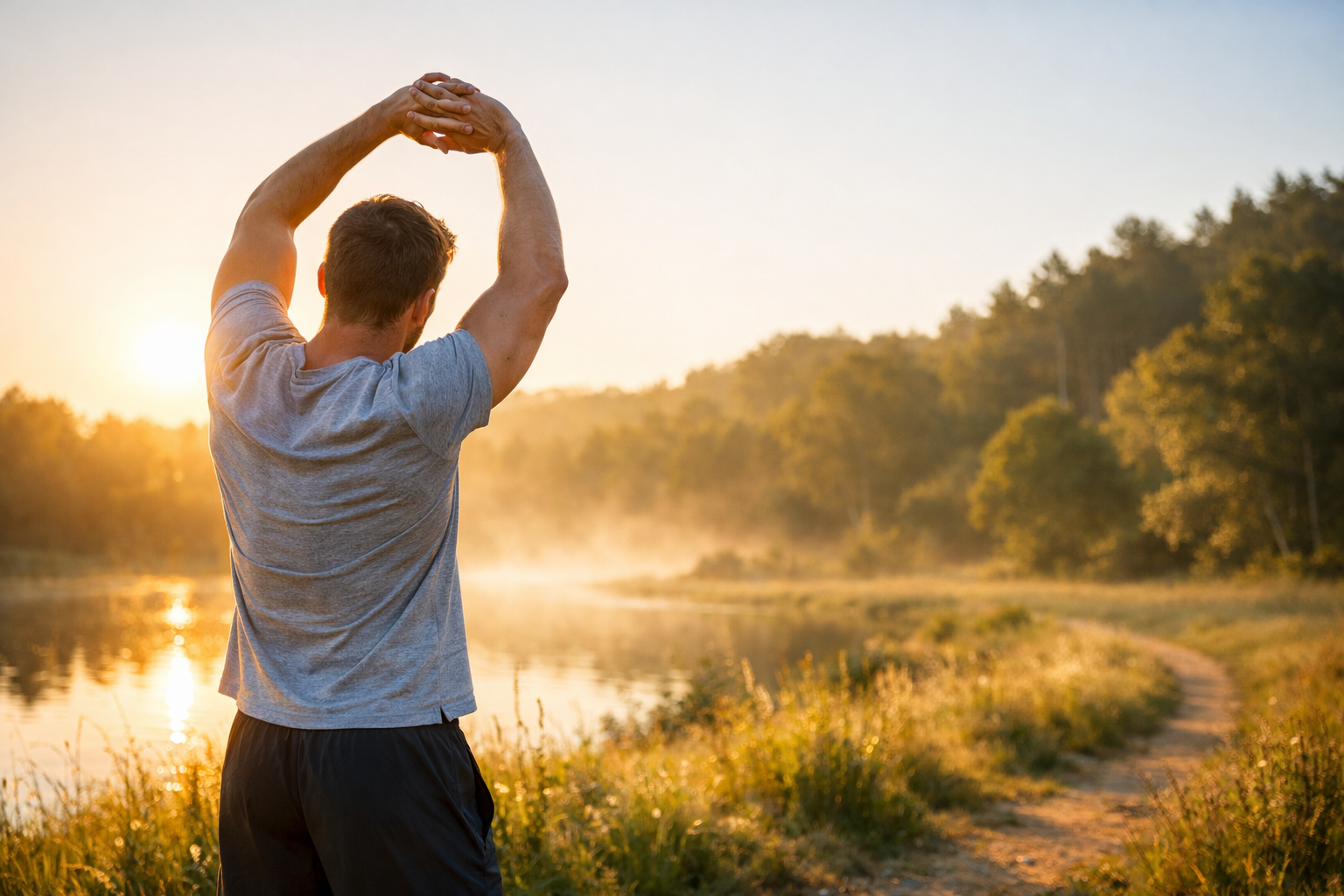 Person stretching outdoors in morning sunlight with peaceful natural background, healthy lifestyle concept, wellness and vitality