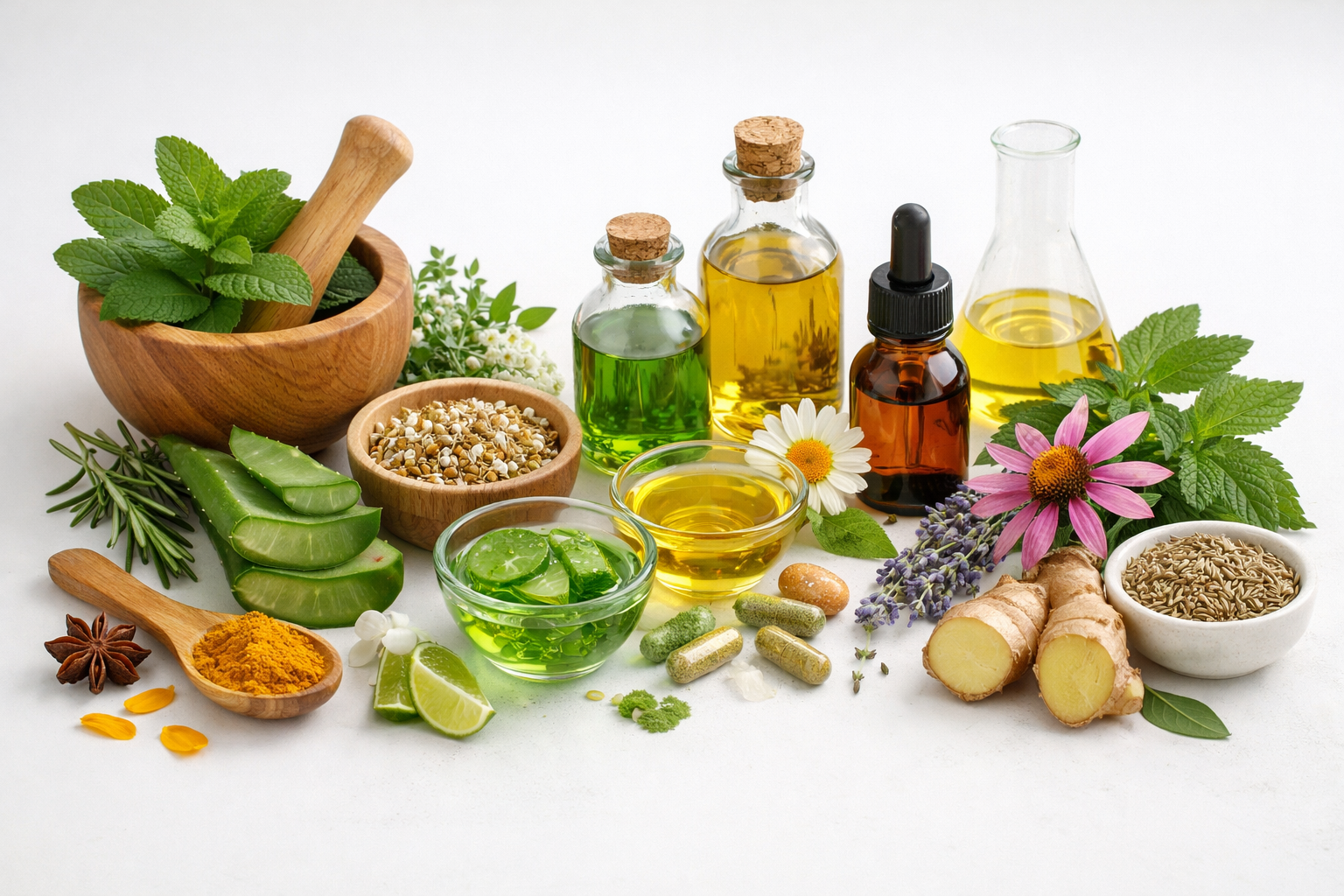Fresh natural herbal ingredients and botanical extracts arranged beautifully on clean surface, wellness and natural health concept